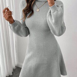 Grey Casual Women's Turtleneck Lantern Sleeve Flare Hem Sweater Dress